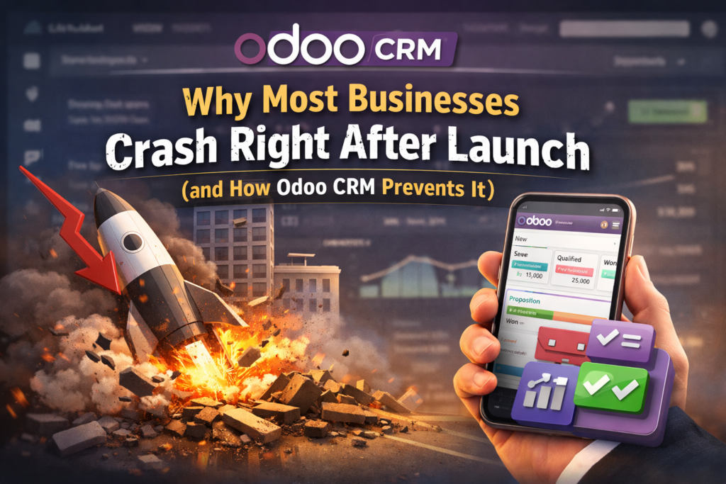 Illustration showing a business crash at launch contrasted with Odoo CRM sales pipeline, highlighting how Odoo CRM helps prevent startup failure.