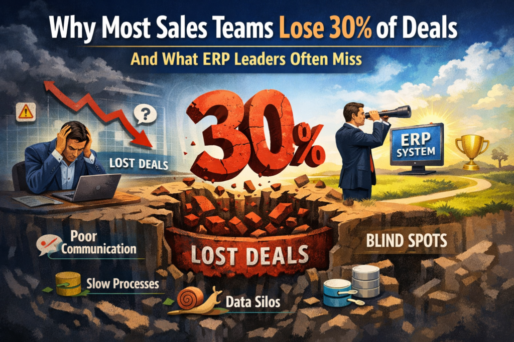 Illustrated infographic showing why sales teams lose 30% of deals, with a stressed salesperson, declining sales graph, cracked “30%” over a pit of lost deals, and ERP leaders overlooking blind spots like poor communication, slow processes, and data silos while focusing on an ERP system.