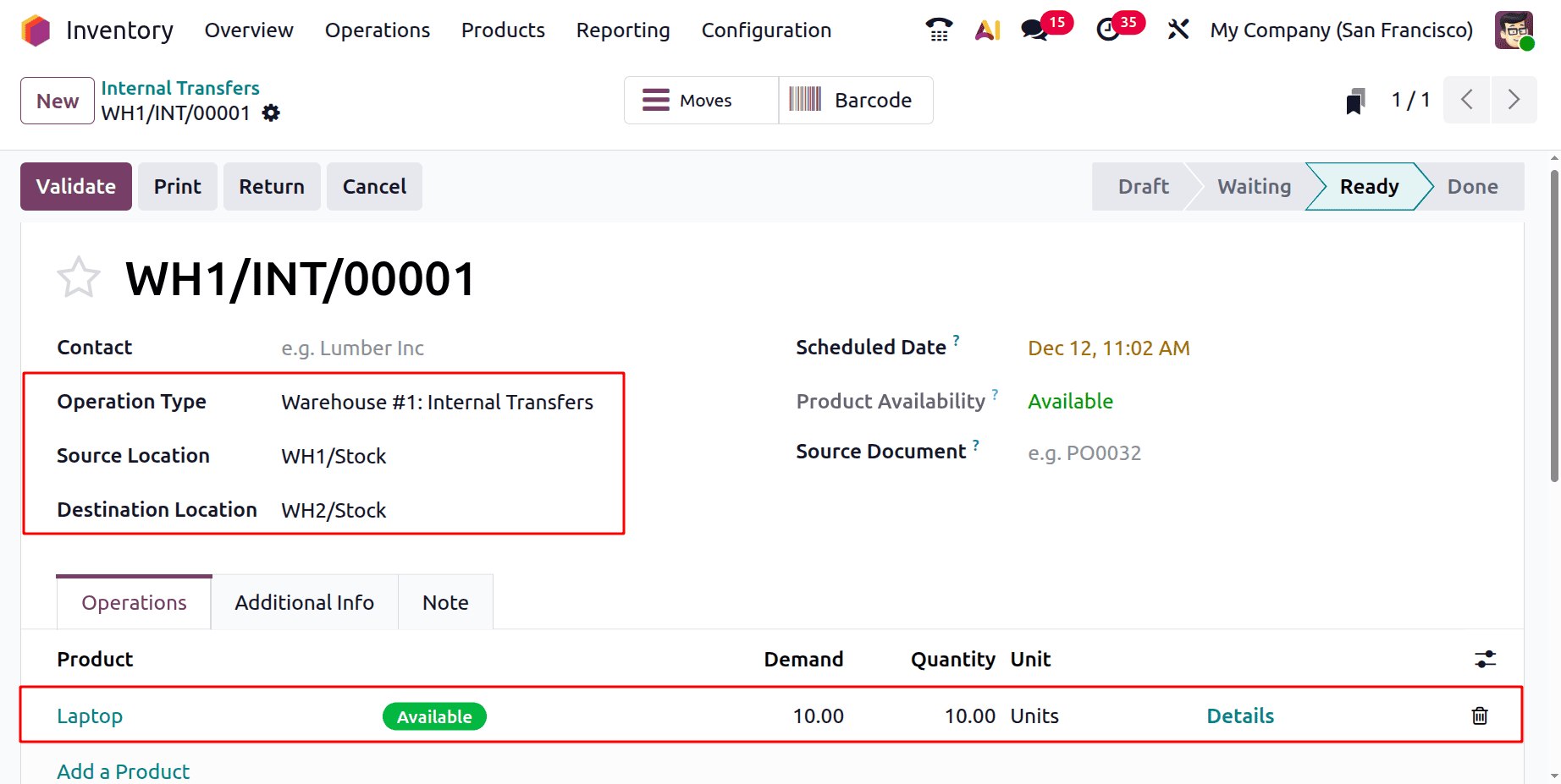 Internal stock transfer in odoo