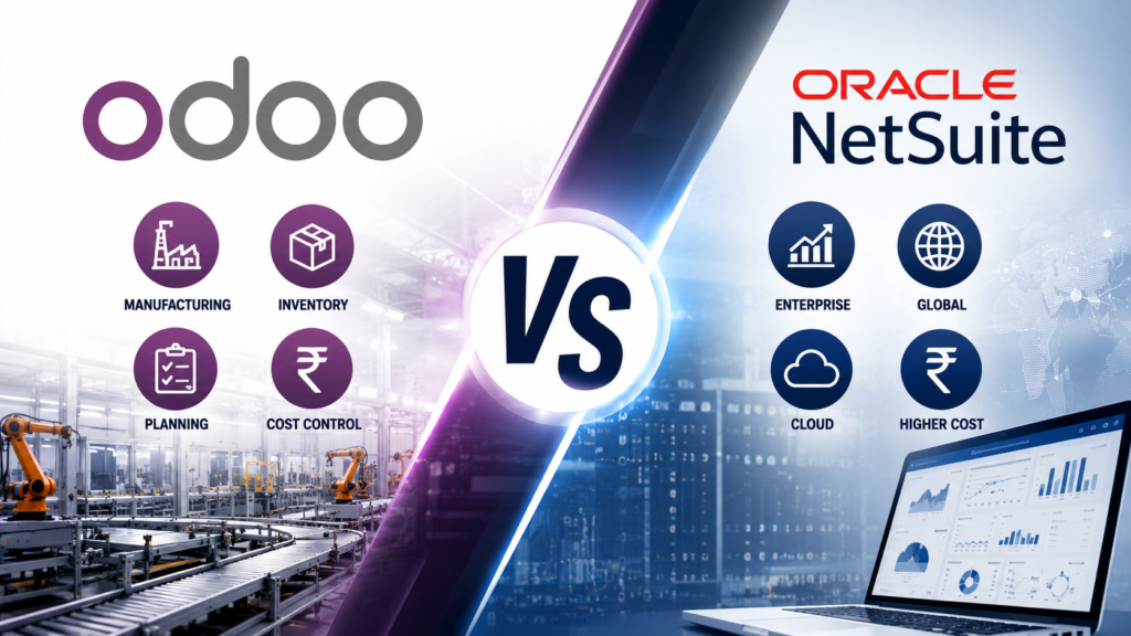 Manufacturing ERP software comparison between Odoo and Oracle NetSuite for mid-size manufacturers, highlighting cost, scalability, inventory, planning, and ERP implementation differences.