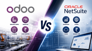 Manufacturing ERP software comparison between Odoo and Oracle NetSuite for mid-size manufacturers, highlighting cost, scalability, inventory, planning, and ERP implementation differences.