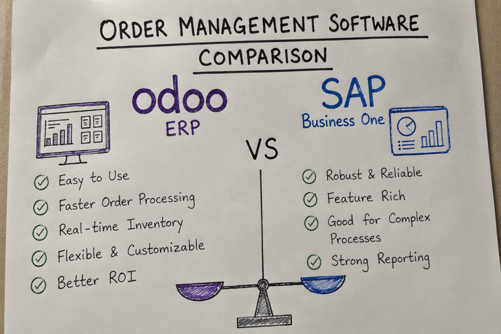 Hand-drawn comparison of Odoo ERP vs SAP Business One for order management software, showing key features, benefits, and a balance scale on a white paper background.