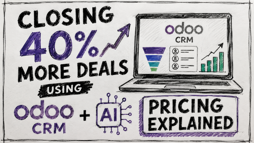 Sketch-style thumbnail showing Odoo CRM, AI, and a growth arrow with bold text: “Closing 40% More Deals” and “Pricing Explained.”