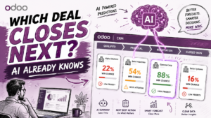 AI-powered Odoo CRM dashboard thumbnail showing deal win probabilities, predictive sales insights, and a sales manager analyzing opportunities, with the headline “Which Deal Closes Next? AI Already Knows” in a sketch-style purple design.