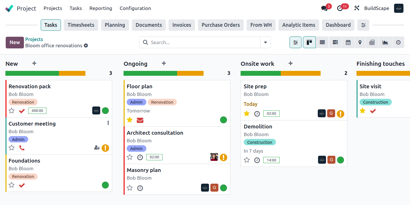 Odoo Construction Project management dashboard