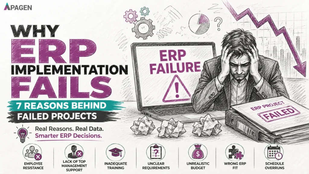 Why ERP implementation fails thumbnail showing seven common reasons behind failed ERP projects with a sketch-style business illustration and Apagen branding.