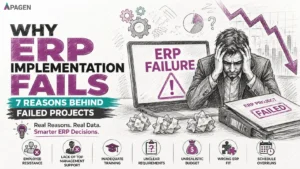 Why ERP implementation fails thumbnail showing seven common reasons behind failed ERP projects with a sketch-style business illustration and Apagen branding.