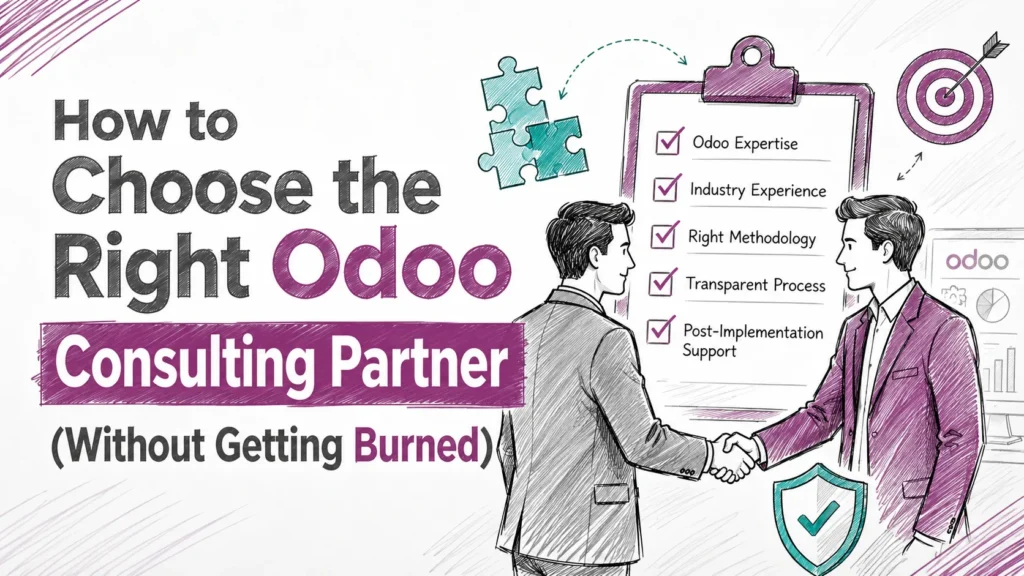 Sketch illustration of two professionals shaking hands with an Odoo consulting partner selection checklist