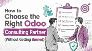 Sketch illustration of two professionals shaking hands with an Odoo consulting partner selection checklist
