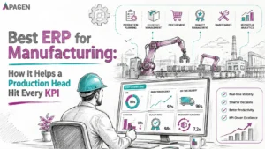 Manufacturing ERP dashboard helping a production head track KPIs in a sketch-style factory illustration