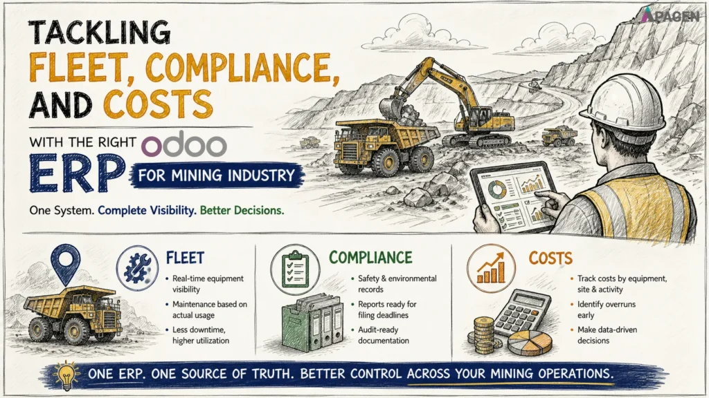 Sketch-style infographic showing ERP for mining industry operations, with mining equipment and a site manager, highlighting fleet management, compliance tracking, and cost control.