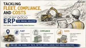 Sketch-style infographic showing ERP for mining industry operations, with mining equipment and a site manager, highlighting fleet management, compliance tracking, and cost control.