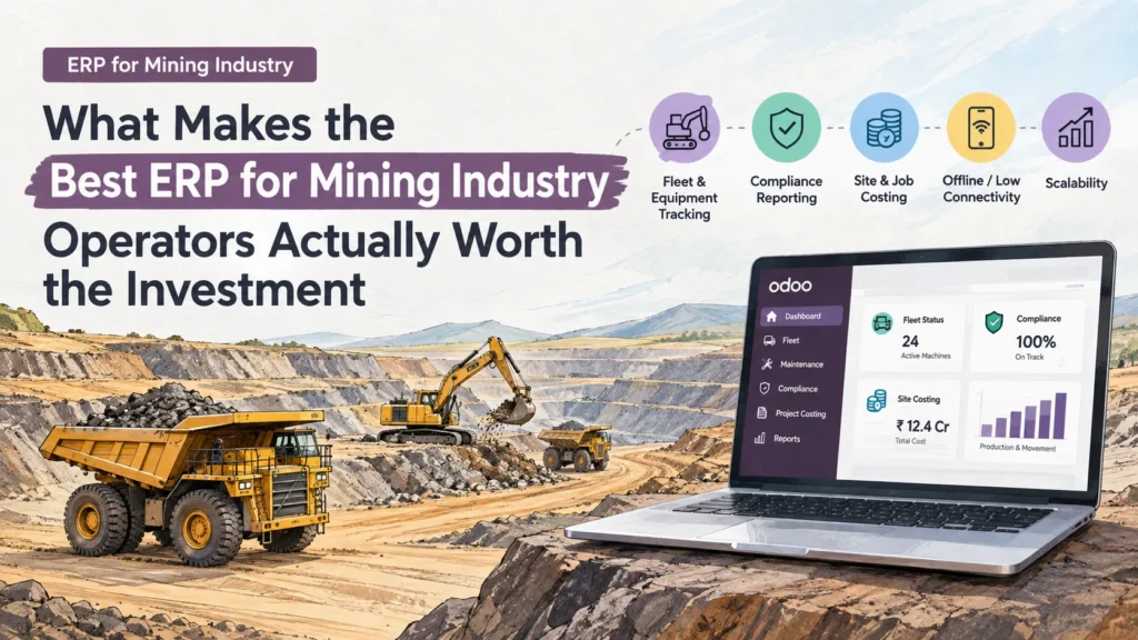 ERP for mining industry with open-pit mining equipment, fleet tracking, compliance reporting, site costing, low-connectivity support, and scalability displayed on an Odoo ERP dashboard.