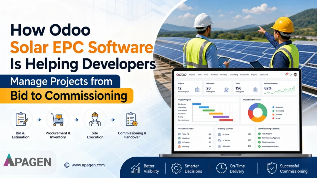Odoo Solar EPC software dashboard showing project management from bid and estimation through procurement, site execution, commissioning, and handover, with solar panels and EPC professionals in the background.
