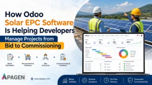 Odoo Solar EPC software dashboard showing project management from bid and estimation through procurement, site execution, commissioning, and handover, with solar panels and EPC professionals in the background.