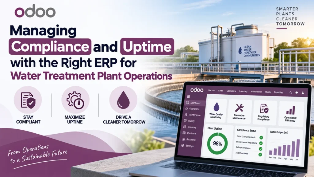 Odoo ERP for water treatment plant operations, highlighting compliance, uptime, preventive maintenance, water quality monitoring, regulatory compliance, and operational efficiency