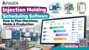 Injection molding scheduling software showing machine assignments, mold availability and production orders